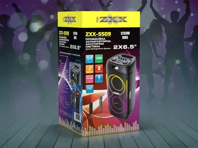 Акустична переносна колонка ZXX-5509 1200Вт 2x6,5" 265х265х620мм TWS/FM/USB/TF/BT/LED/REC/ДК/MIC Київ - фото 1