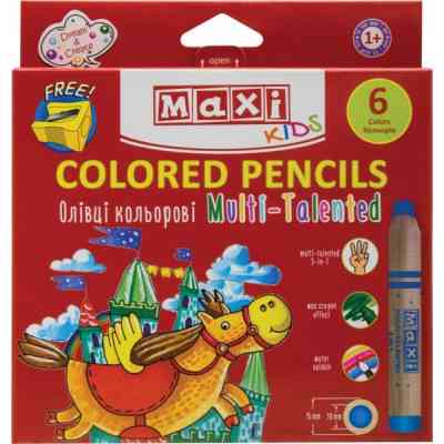 Карандаши цветные Maxi Multi-Talented 3 в 1, 6 цветов с чинкой, круглые (MX15171) Винница