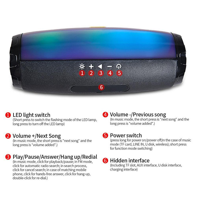 Портативная Bluetooth колонка TiG TG165C 7681 с влагозащитой, LED-подсветкой и мощным звуком Киев - изображение 6