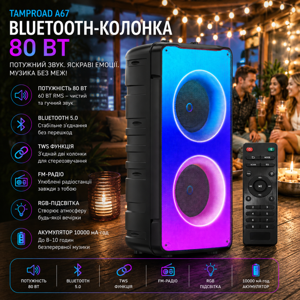 Bluetooth-колонка TAMPROAD A67 80 Вт, 60 Вт RMS, TWS, FM-радіо, RGB-підсвітка, акумулятор 10000 мА·год Київ - фото 11