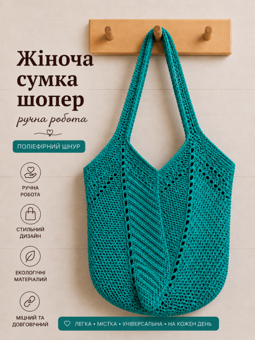 Жіноча сумка ручної роботи, сумка шопер, сумочка повсякденна гачком Бірюзовий Харьков - изображение 1