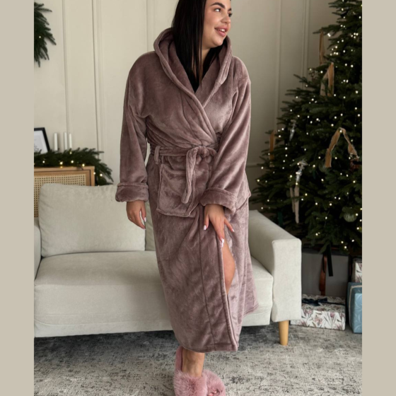 Жіночий теплий махровий халат plus size батал на запах з капюшоном з довгим рукавом і кишенями довгий для дому пудровий Одеса