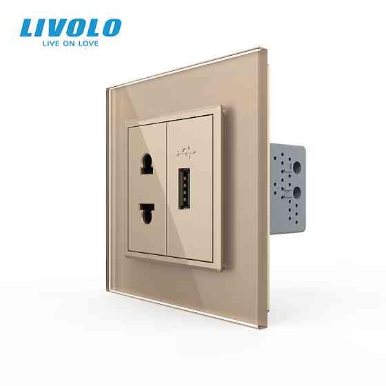 Розетка універсальна з USB розеткою Livolo золотий скло (VL-C7C1AUSB-13) Коломыя