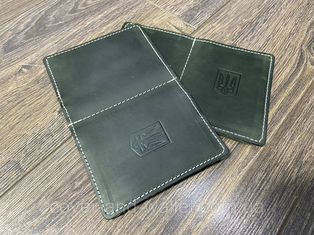 Кожаная обложка для id паспорта и прав с гербом Украины зеленого цвета Puos Киев - изображение 5