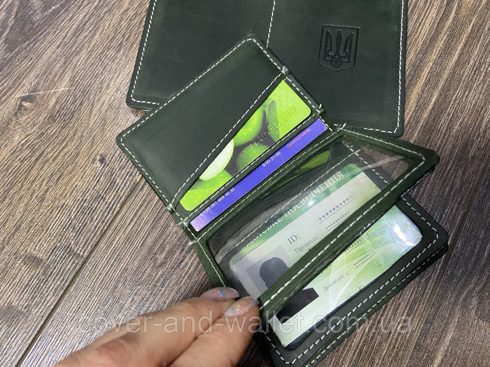 Кожаная обложка для id паспорта и прав с гербом Украины зеленого цвета Puos Киев - изображение 6