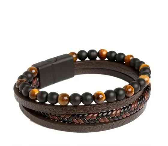 Мужской многослойный браслет с тигровым глазом и чёрными бусинами, кожаные ремешки, магнитная застёжка, 21 см Киев