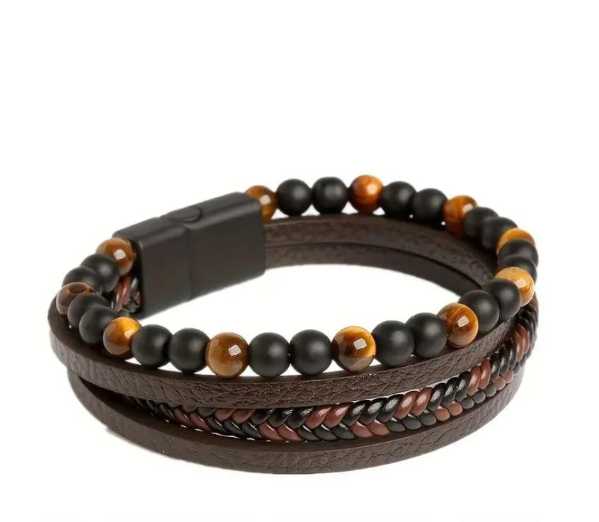 Мужской многослойный браслет с тигровым глазом и чёрными бусинами, кожаные ремешки, магнитная застёжка, 21 см Киев - изображение 2
