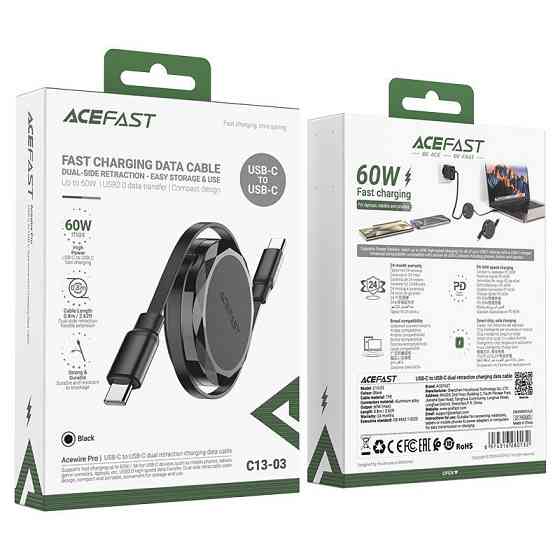 Кабель ACEFAST C13-03 USB-C to USB-C dual retraction charging data cable Black Київ