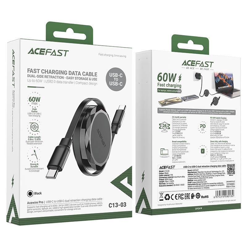Кабель ACEFAST C13-03 USB-C to USB-C dual retraction charging data cable Black Киев - изображение 2