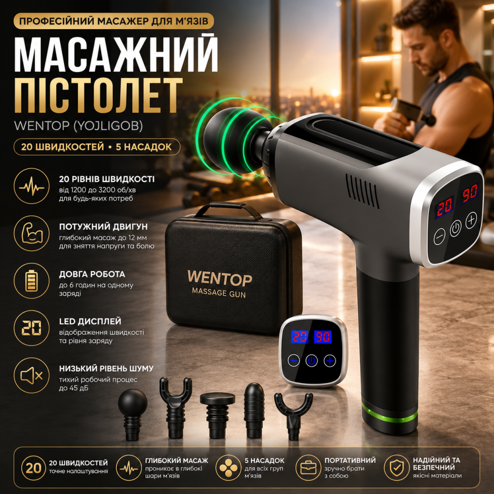 Масажний пістолет WenTop (Yojligob) — Професійний перкусійний масажер для м'язів, 20 швидкостей + 5 насадок Київ - фото 8