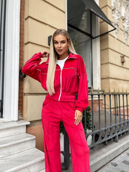 Женский стильный повседневный велюровый костюм двойка Красный Одесса - изображение 5