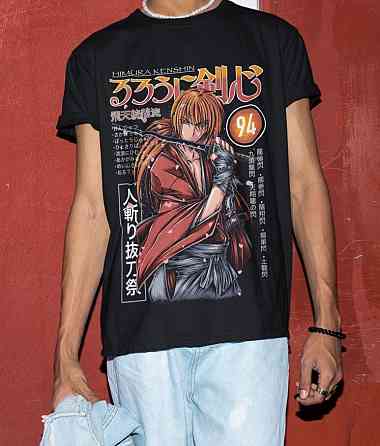 Футболка чоловіча з аніме принтом Руроуні Кенсхін Самураі Кс оверсайз (S/M/L) Чорний AnimeJ1189 Дніпро