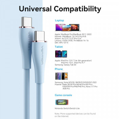 Кабель USB 2.0 Type-C M - 2хType-C M Y-Splitter 1.5м 100W Blue Silicone Type Vention Вінниця - фото 4