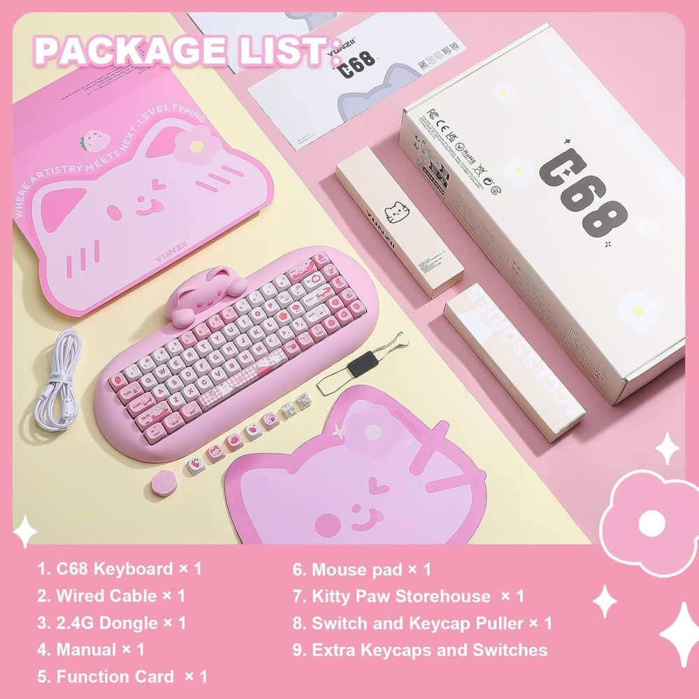 Механічна клавіатура YUNZII C68 Cute Cat 65% RGB, Bluetooth/2.4G/USB-C, Hot Swap, Milk Switch, рожева Київ - фото 10