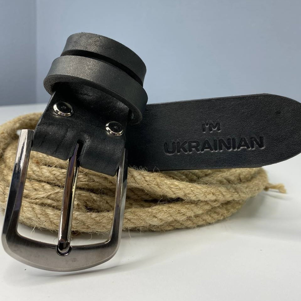 Ремінь чоловічий з натуральної шкіри для джинсів, шкіряний пояс з тисненням I`m Ukrainian, чорнийMasterSem Київ - фото 1