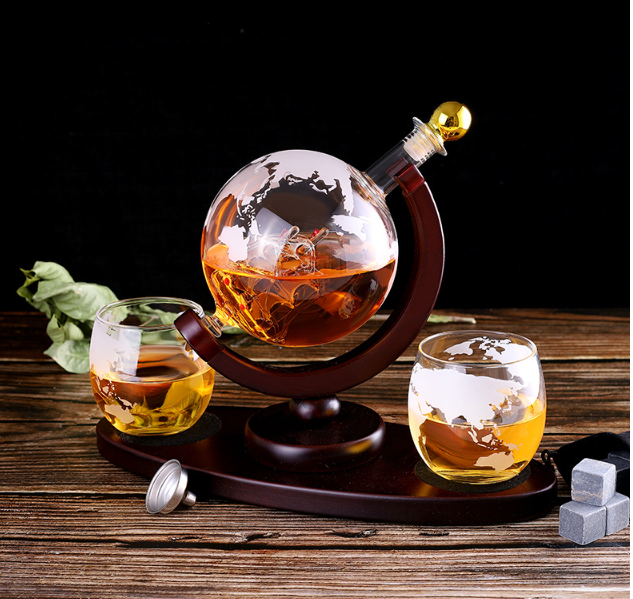 Декантер Глобус Вокруг света + камни для виски, 2 бокала ОВАЛЬНАЯ ПОДСТАВКА, Штоф, Графин для виски Кременчуг - изображение 2