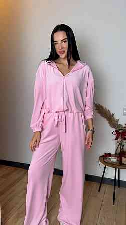 Жіночий стильний костюм-трійка: кофта топ і штани велюр плюш Рожевий, 44/46 Одеса