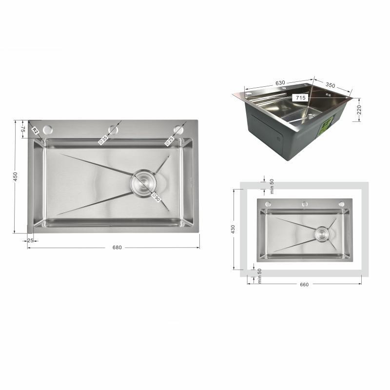 Мийка для кухні інтегрована Lidz Handmade H6845 Brushed Steel 3,0/1,0 мм LDH6845BRU49455 Київ - фото 2