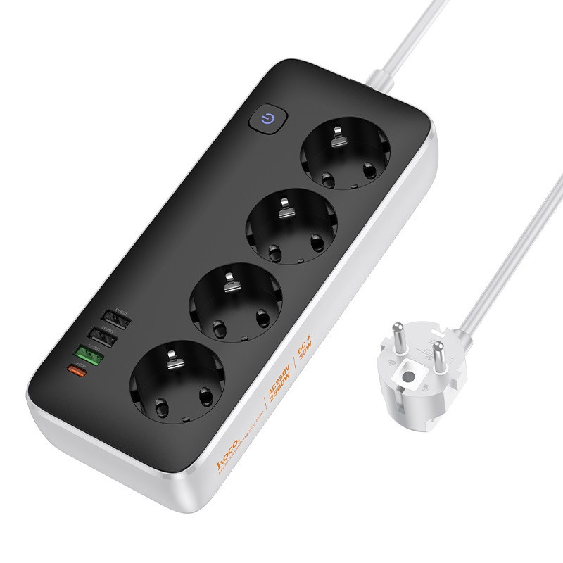 Мережевий подовжувач HOCO AC22 Sunlight 4-bit(PD30W/1C3A) desktop socket(EU/GER) (1.5m) Black Київ - фото 5