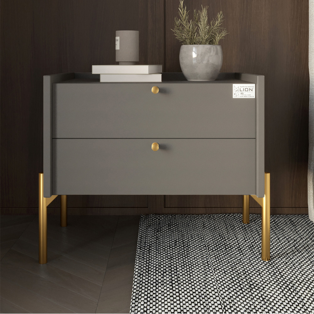 Тумба прикроватная LION Wood с двумя ящиками Антрацит (золотые ножки) (LION-041334) ТОП Львов - изображение 1