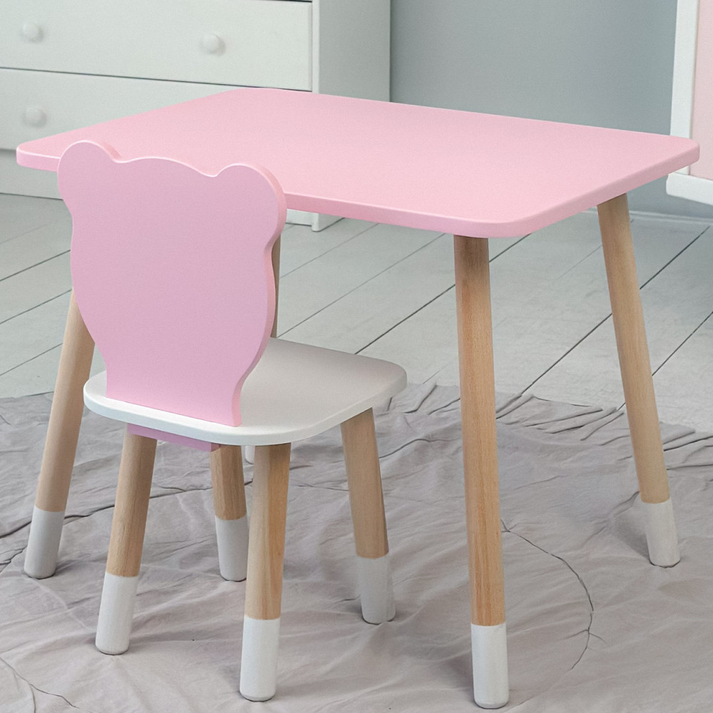 Стіл прямий 46х60х45 і стілець мордочка медведика 26х26х24, столик та стільчик для дівчинки, рожевий з білим Київ - фото 10