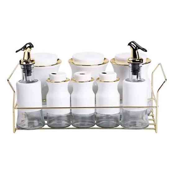 Набір для спецій на підставці з пляшками для олії та оцту 8 предметів Білий HP-1360W Коломия