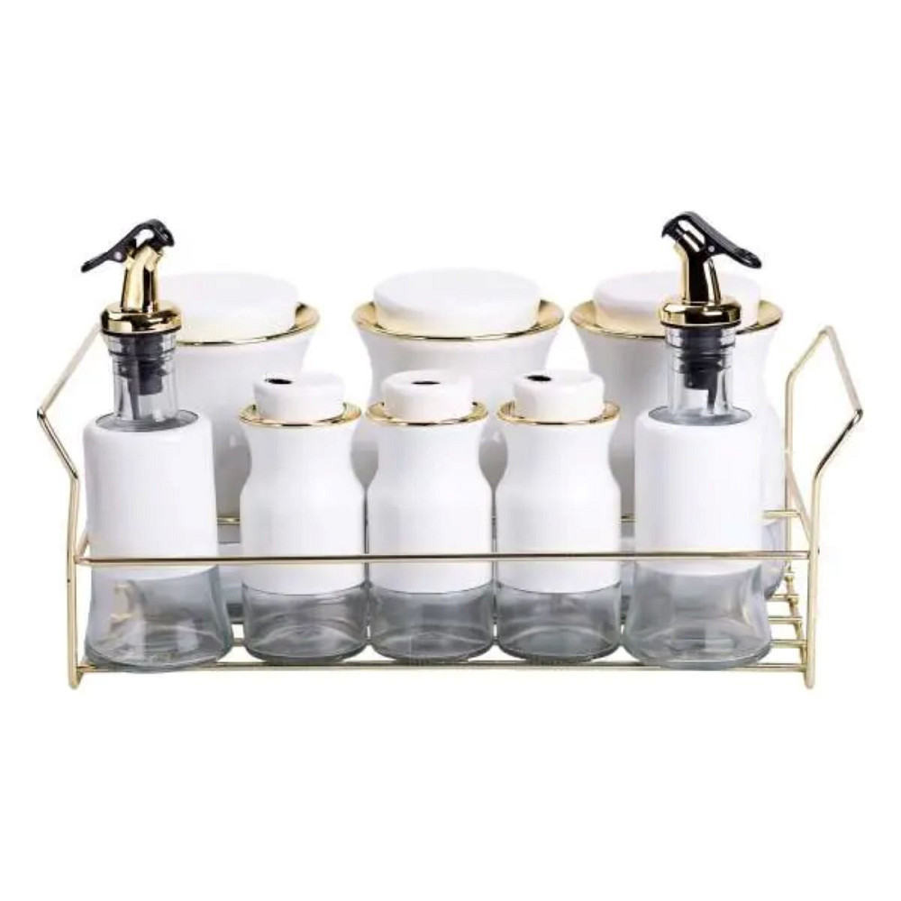 Набір для спецій на підставці з пляшками для олії та оцту 8 предметів Білий HP-1360W Коломыя - изображение 1