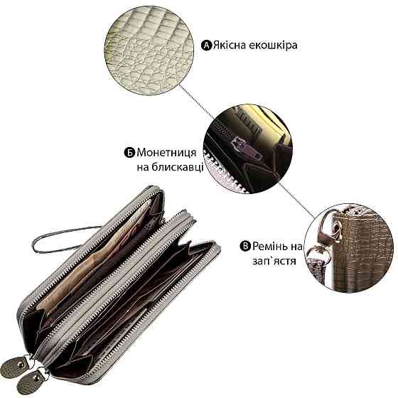 Гаманець жіночий з екокожі на дві блискавки лаковий KIVI Хамелеон 19024 Сірий Київ