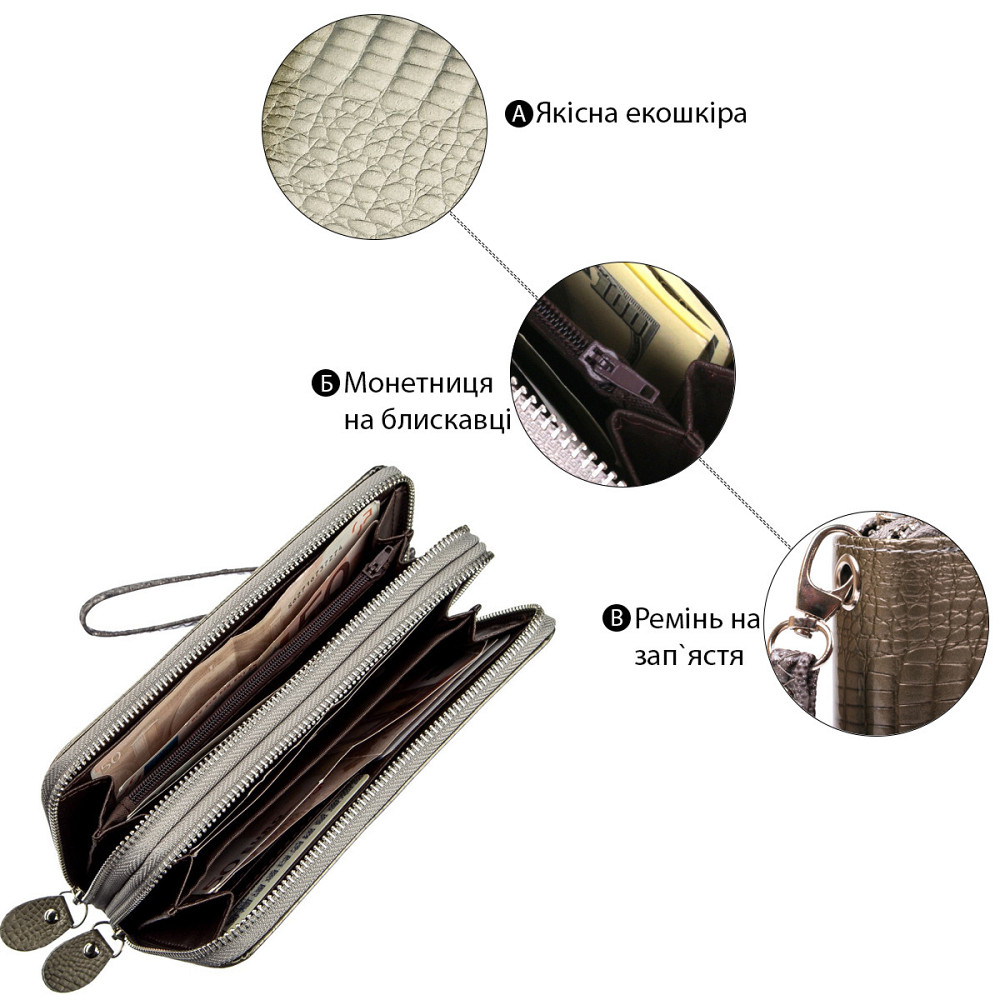 Гаманець жіночий з екокожі на дві блискавки лаковий KIVI Хамелеон 19024 Сірий Київ - фото 5