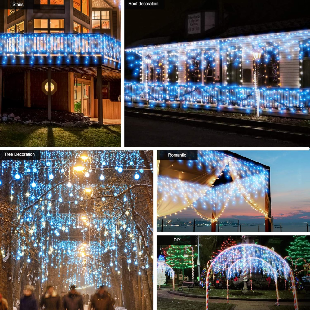 Вулична гірлянда-бахрома 10 м 400 LED синій+білий | Шторні світлодіоди з таймером, 8 режимів, IP44 Київ - фото 3