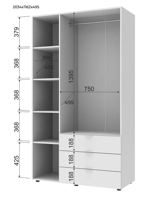 Комплект шкафов для одежды Doros Гелар (2 шт.) 271,2х49,5х203,4 см Белый (DRS-011172) Днепр - изображение 4