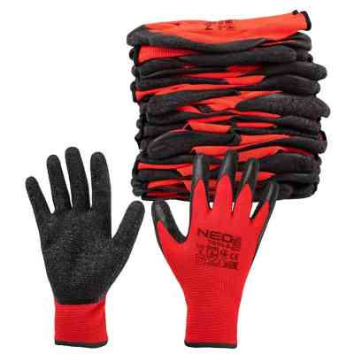 Защитные перчатки Neo Tools комплект 12шт, полиэстер с латексным покрытием, р.11, красно-черный (97-645-11) Винница