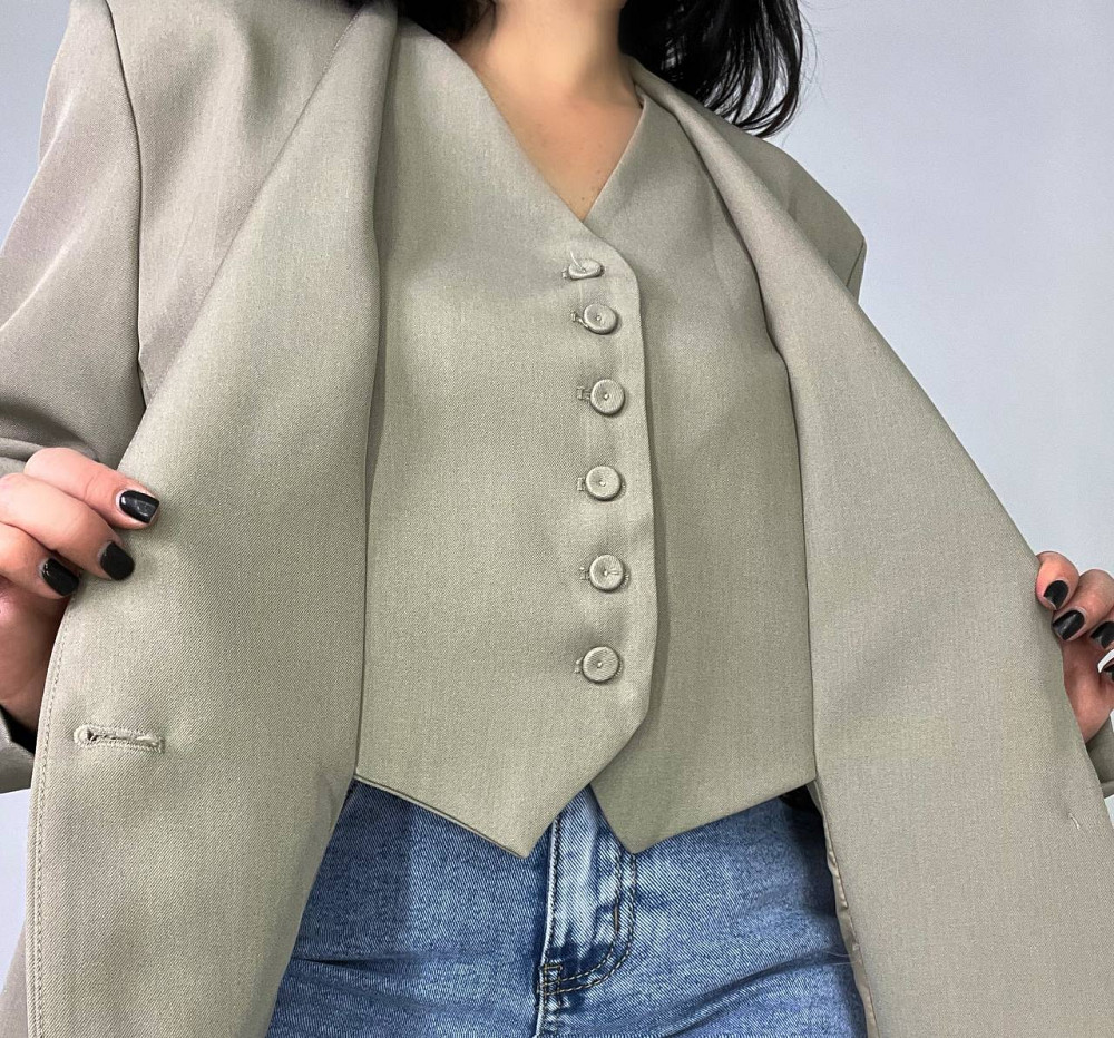 Пиджак женский Qidian 9329 двойка имитация жилетки оверсайз свободный широкий крой one size, бежевый, one size Киев - изображение 12