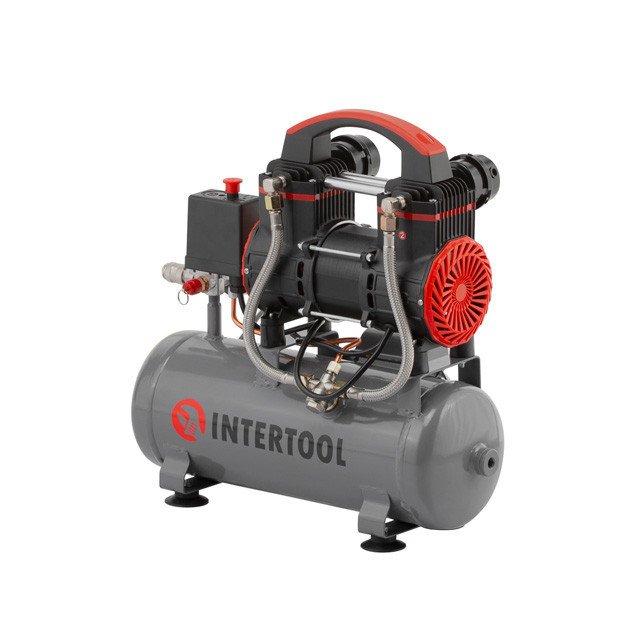 Компресор, 9 л, 0,75 кВт, 230 В, 8 aтм, 200 л/хв, 1400 об/хв,  безмасляний, 2 циліндри, 63 дБ INTERTOOL PT-0015 Киев - изображение 2