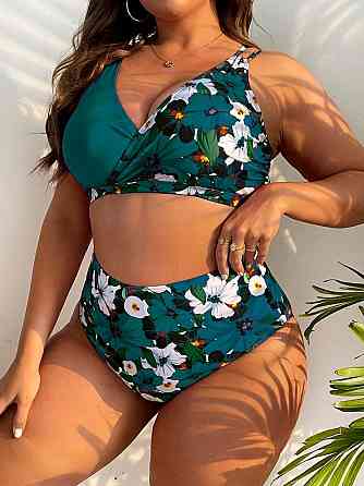 Жіночий роздільний купальник бікіні Plus Size великих розмірів з тонким поролоном та високими плавками зелений Київ