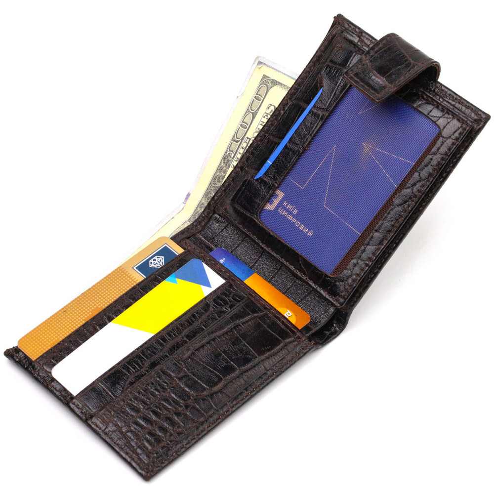 Фактурный небольшой мужской бумажник из натуральной кожи с тиснением под крокодила Черный (CANPELLINI) Киев - изображение 10
