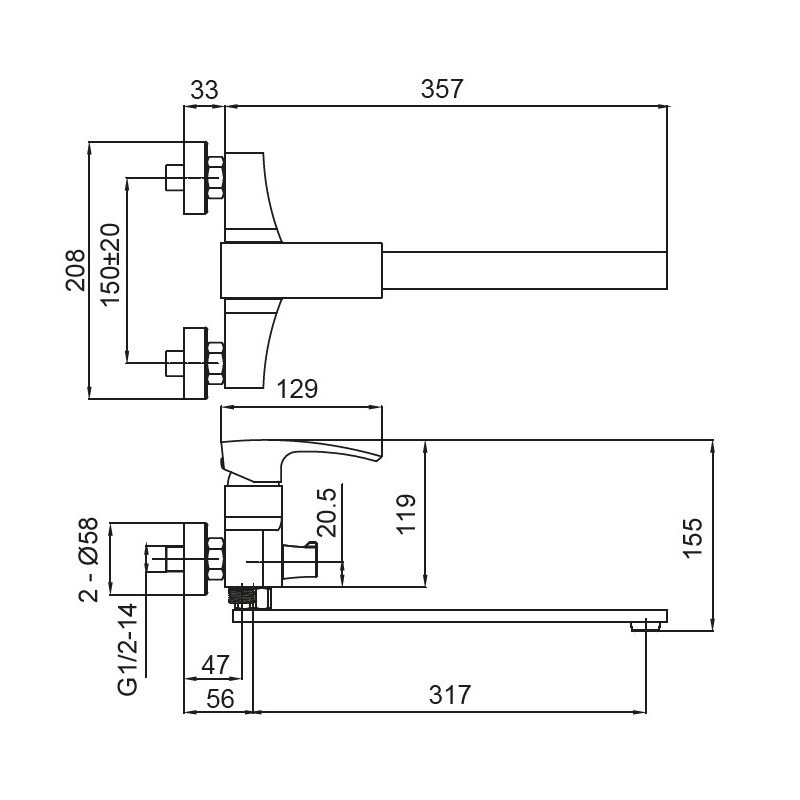 Змішувач для ванни з довгим виливом Koer KB-42007-01, хром, модель KR3456 Харків - фото 2