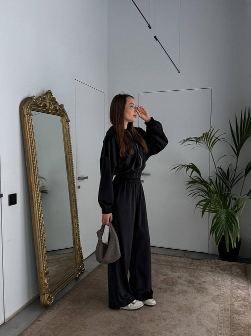 Женский повседневный велюровый костюм двойка: кофта и штаны плотный турецкий велюр Черный, 42/46 Одесса - изображение 4