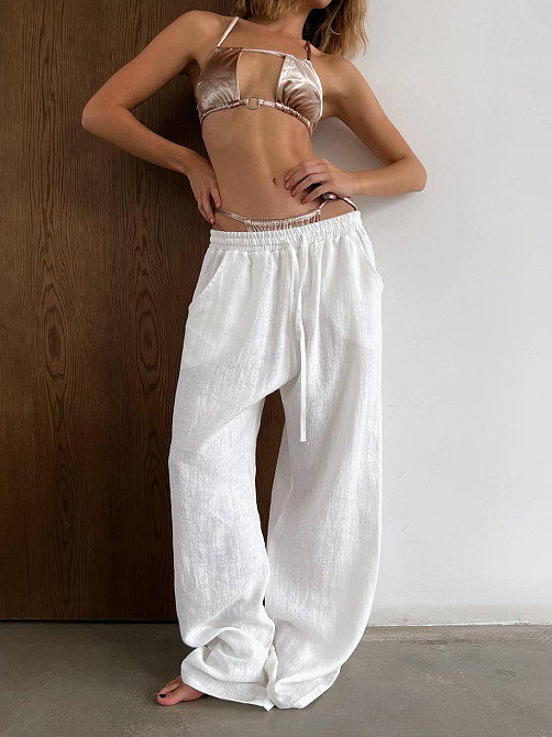 Женский летний оверсайз костюм двойка: рубашка и брюки из смягченного льна креш Молочный, 48/50 Одесса - изображение 8