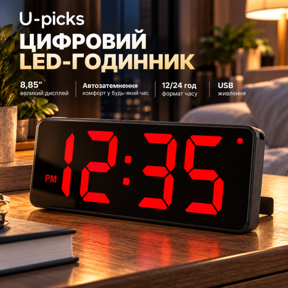 Цифровий LED-годинник U-picks 8,85″ настінний/настільний, великі червоні цифри, автозатемнення, 12/24 год, USB Київ