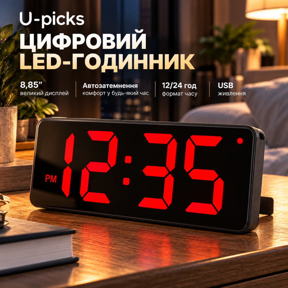 Цифровий LED-годинник U-picks 8,85″ настінний/настільний, великі червоні цифри, автозатемнення, 12/24 год, USB Київ - фото 1