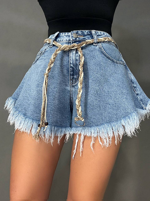 Шорты женские джинсовые Liana 4-036 расклешенные A-силуэт с бахромой и поясом голубые, голубой, 28, 28, 71 см Киев - изображение 1