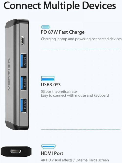 Хаб адаптер перехідник Vention Type-C - HDMI + USB3.0*3 + PD конвертер 15 см, колір металево сірий CNBHB Одеса - фото 5