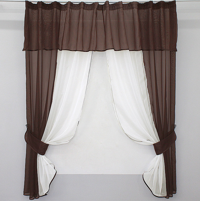 Кухонные шторы VR-Textil № 090к с ламбрекеном и подвязками венге с молочным 280х170 см (52-0015) Киев - изображение 1