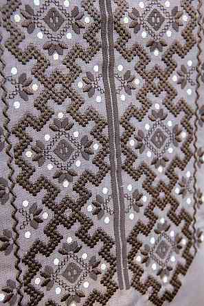 Вышиванка льняная мужская, длинный рукав, кофейная,( лен ) топ Киев