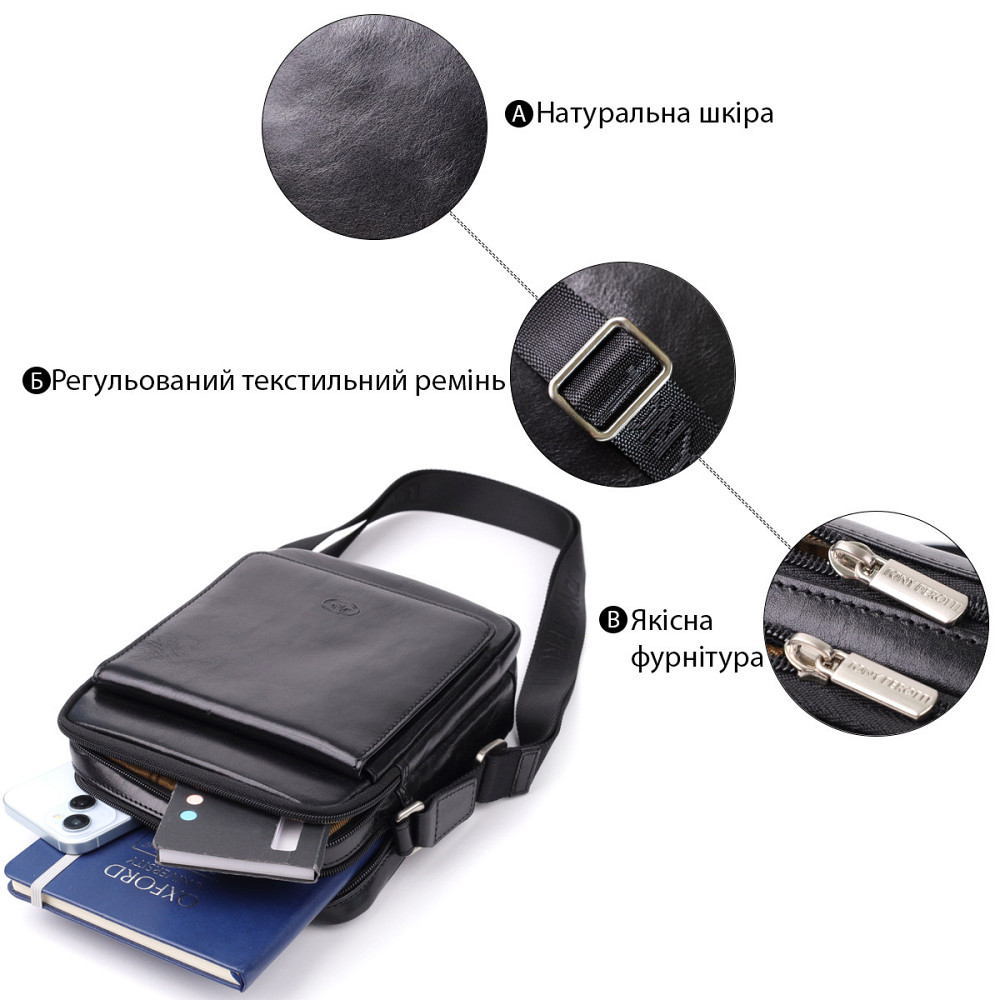 Відмінна чоловіча сумка з кишенями з гладкої натуральної шкіри Tony Perotti 20857_1 (9148-17 nero) Чорний Київ - фото 4