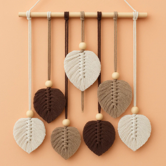 Набір макраме для ручного в'язання гобелена настінного декору «Листя» 37х30см, для рукоділля коричнево-бежевий Кам'янець-Подільський