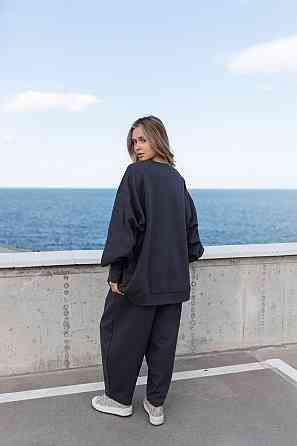 Женский оверсайз костюм: объемная кофта с трендовыми брюками бананами турецкий дабл фейс 100% хлопок Графит Одесса