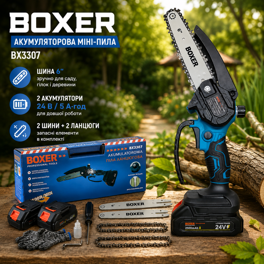 Цепная пила на аккумуляторе BOXER BX-3307, Пила в кейсе с двумя аккумуляторами,Минипила для сада 6