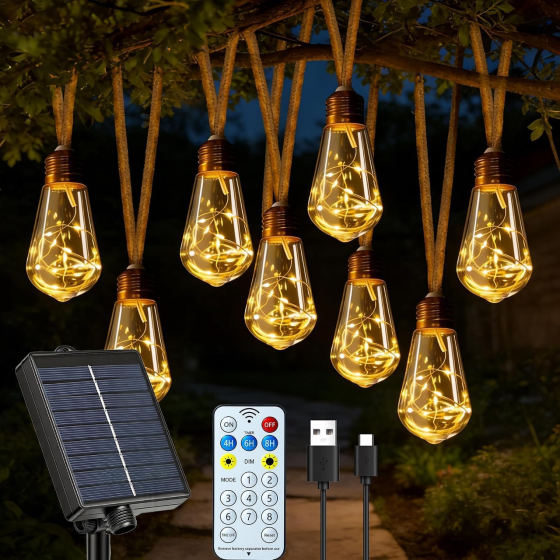 Сонячна LED-гірлянда для саду 13 м, 26 лампочок S17, 260 світлодіодів, 3000K, 8 режимів, IP65/IP45, теплий білий Київ